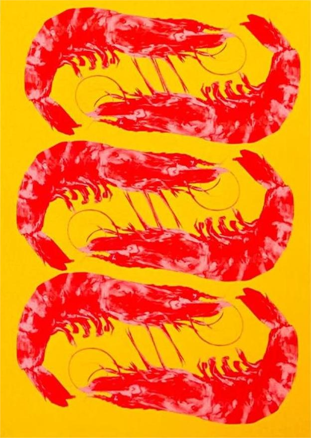 Bright yellow and red offset print of three shrimp by Dutch illustrator PTRVRKD – playful pop-art seafood design, bold color composition printed with eco-friendly soy inks on 250 gsm Biotop paper, handmade in the Netherlands – quirky small art print for modern kitchens or walls.