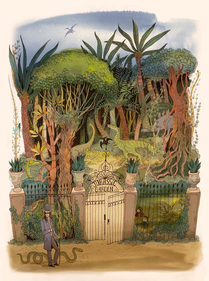 Detailed fantasy jungle illustration featuring dinosaurs hidden among lush trees and tropical plants behind an ornate Jurassic Garden gate, created in a whimsical storybook style with soft green and earthy tones. Vertical giclée wall art for nature-inspired home decor.