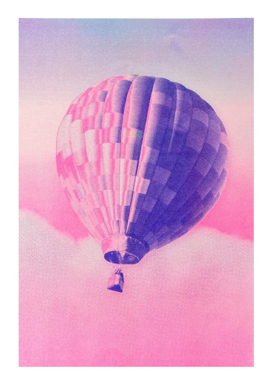 A3 risograph print of a pink and blue hot air balloon floating over dreamy clouds by PTRVRKD, hand-printed on 300 gsm Biotop paper.