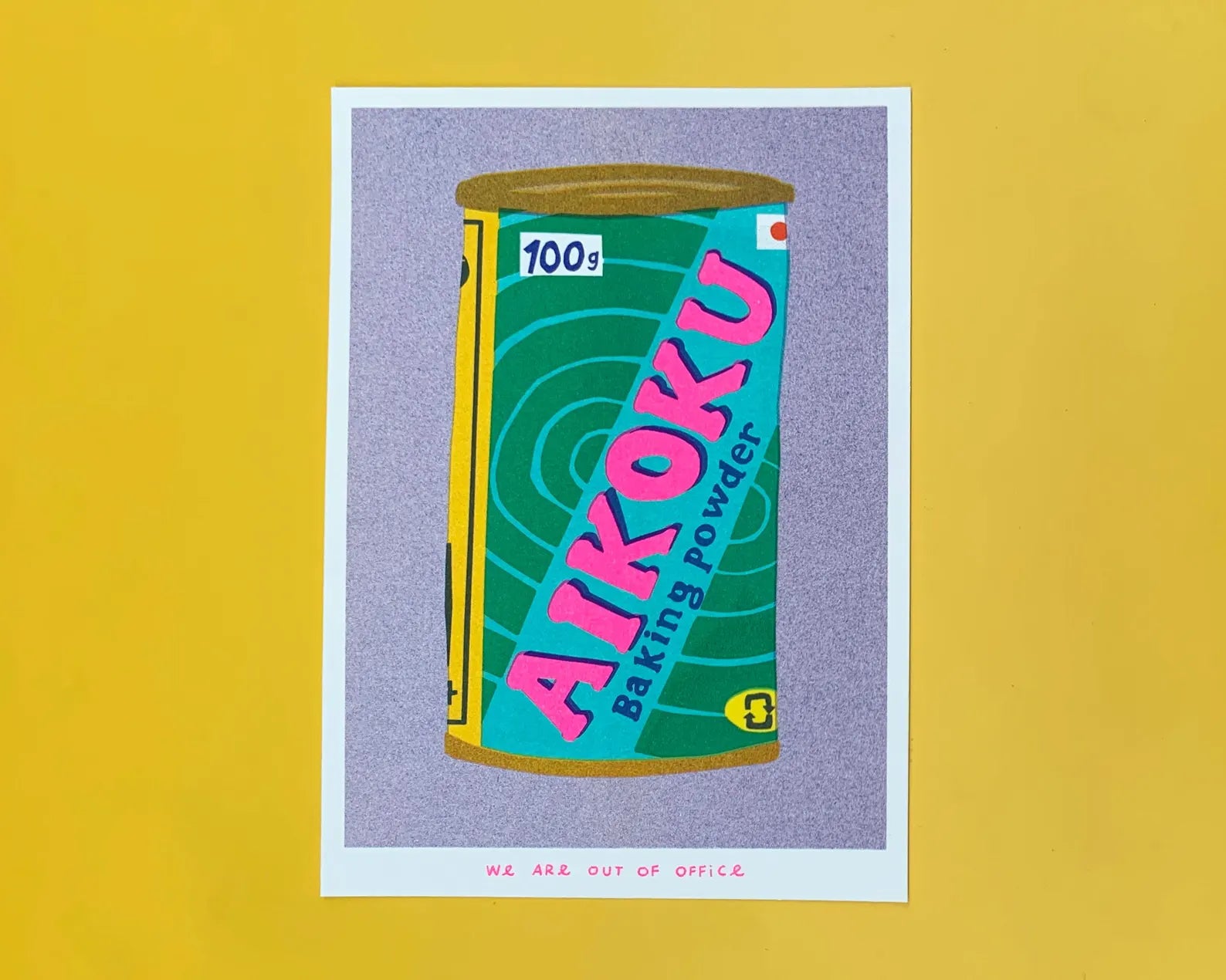 Colorful risograph print of a vintage Japanese Aikoku baking powder can by We Are Out of Office – pop-art kitchen illustration with pink, teal, and yellow details on Biotop paper.