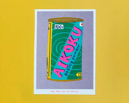 Colorful risograph print of a vintage Japanese Aikoku baking powder can by We Are Out of Office – pop-art kitchen illustration with pink, teal, and yellow details on Biotop paper.