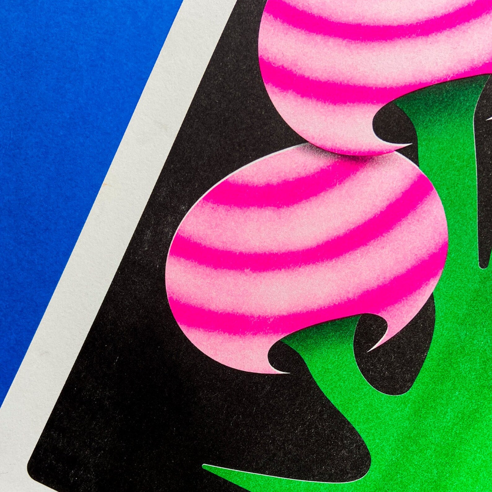 Limited edition A3 risograph print by Dutch illustrator PTRVRKD – bold funky mushroom design with green organic stem, large pink striped caps, and deep black background, printed with eco-friendly soy inks on 200 gsm paper, handmade in the Netherlands – signed, numbered, and strictly limited to 6 copies.
