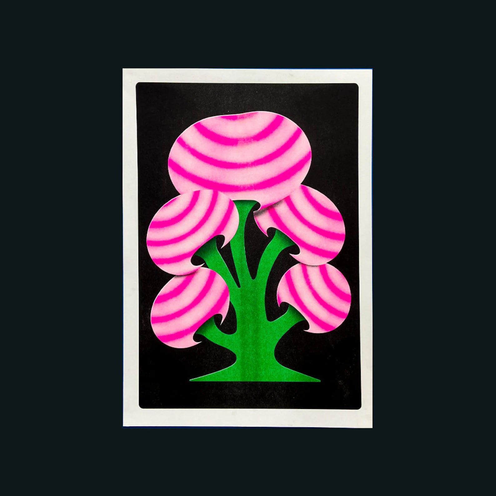 Limited edition A3 risograph print by Dutch illustrator PTRVRKD – bold funky mushroom design with green organic stem, large pink striped caps, and deep black background, printed with eco-friendly soy inks on 200 gsm paper, handmade in the Netherlands – signed, numbered, and strictly limited to 6 copies.