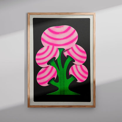 Limited edition A3 risograph print by Dutch illustrator PTRVRKD – bold funky mushroom design with green organic stem, large pink striped caps, and deep black background, printed with eco-friendly soy inks on 200 gsm paper, handmade in the Netherlands – signed, numbered, and strictly limited to 6 copies.