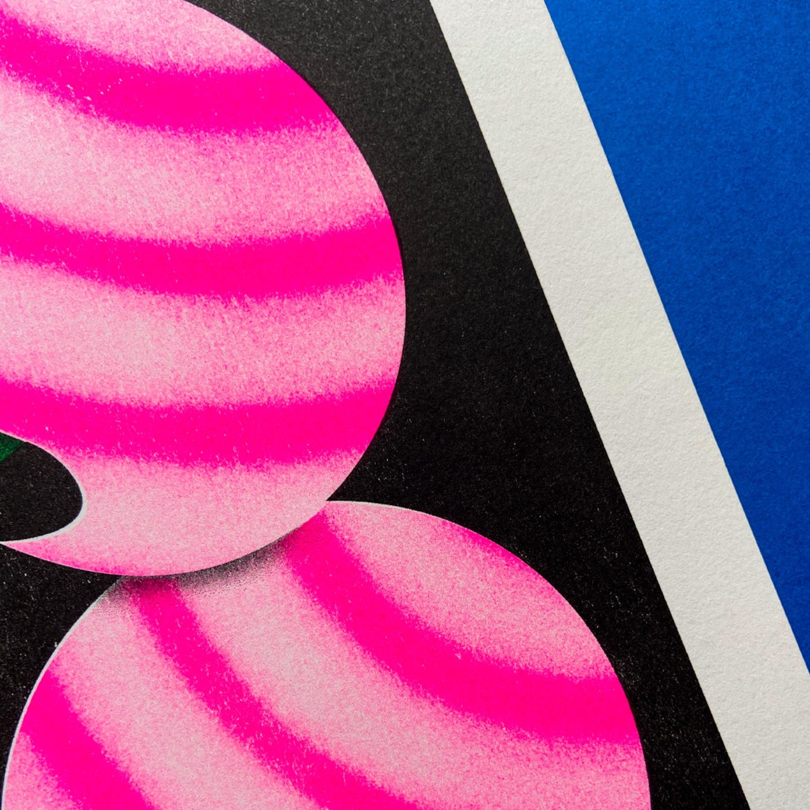 Limited edition A3 risograph print by Dutch illustrator PTRVRKD – bold funky mushroom design with green organic stem, large pink striped caps, and deep black background, printed with eco-friendly soy inks on 200 gsm paper, handmade in the Netherlands – signed, numbered, and strictly limited to 6 copies.