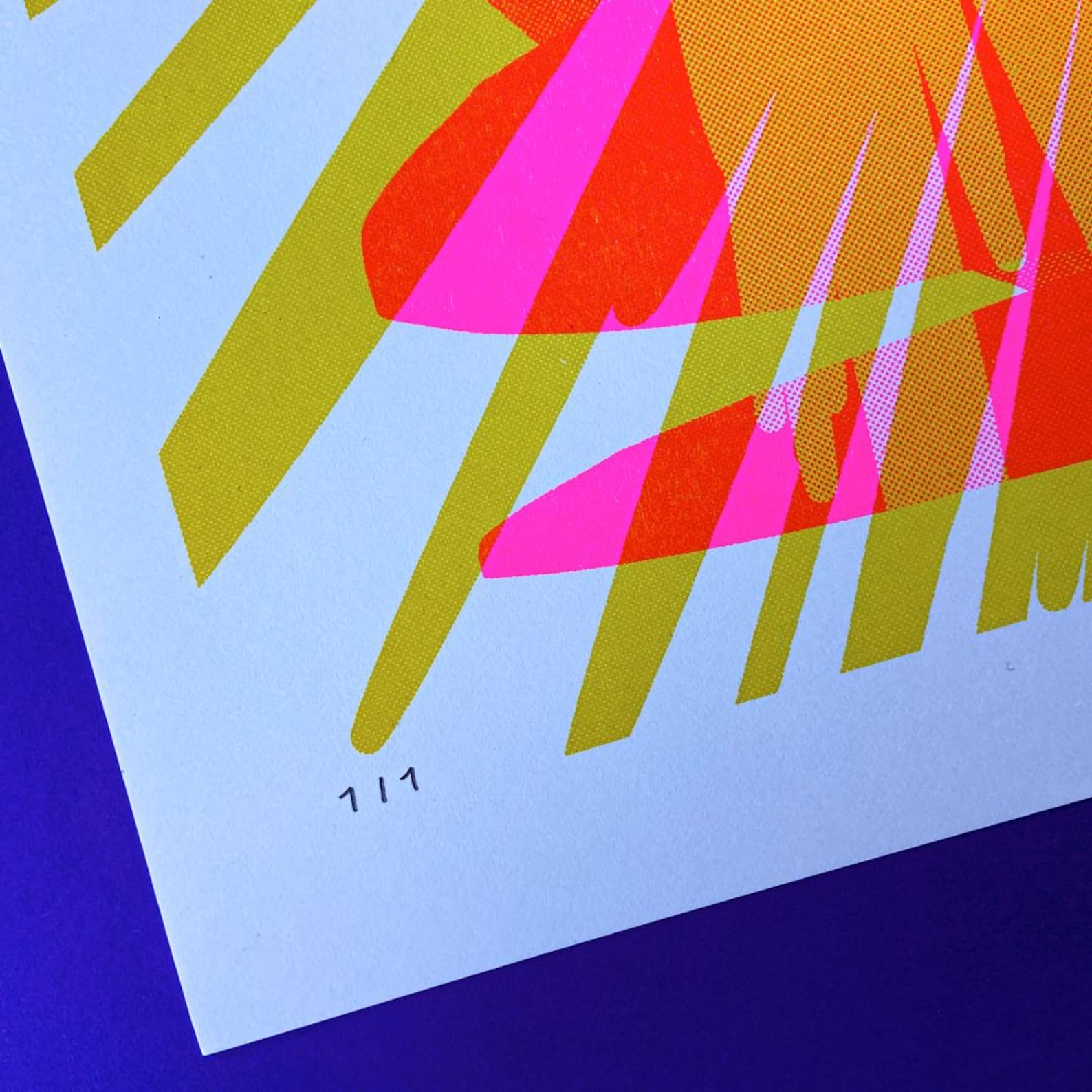 Abstract A3 risograph art print by PTRVRKD featuring vibrant layers of orange, pink, and yellow with bold, graphic explosion design – limited edition, handprinted in the Netherlands