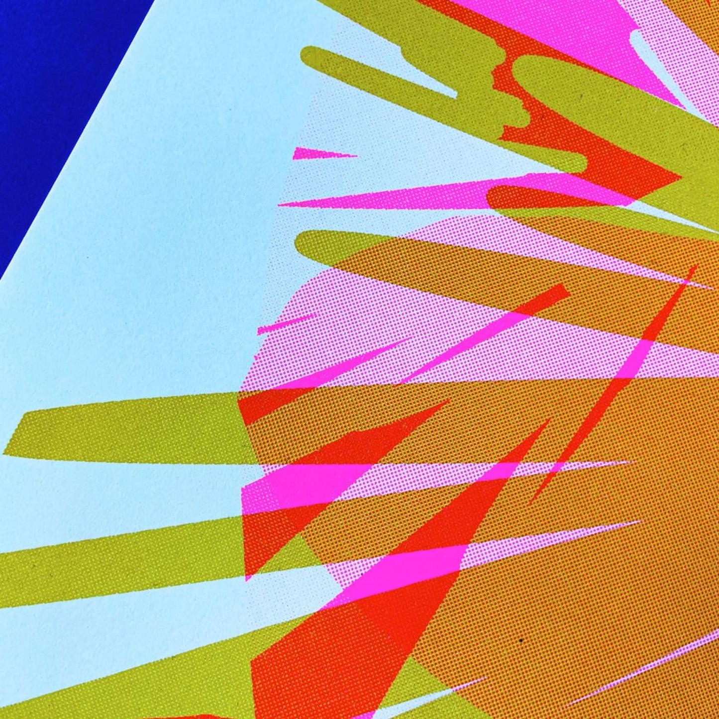 Abstract A3 risograph art print by PTRVRKD featuring vibrant layers of orange, pink, and yellow with bold, graphic explosion design – limited edition, handprinted in the Netherlands