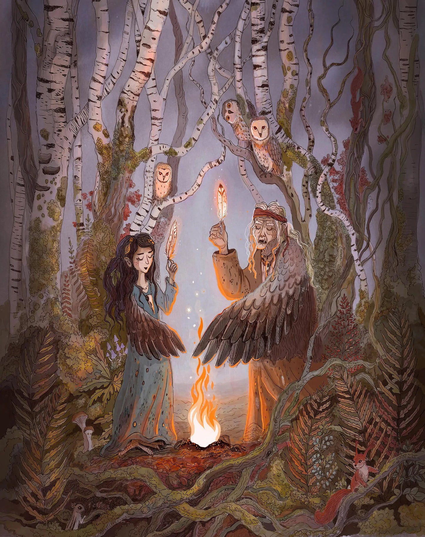 Detailed fantasy giclée art print featuring two winged women performing a ritual beside a glowing fire in a mystical birch forest, surrounded by owls, woodland animals, and folklore-inspired details in soft earthy colors. Vertical wall art for cozy home decor.