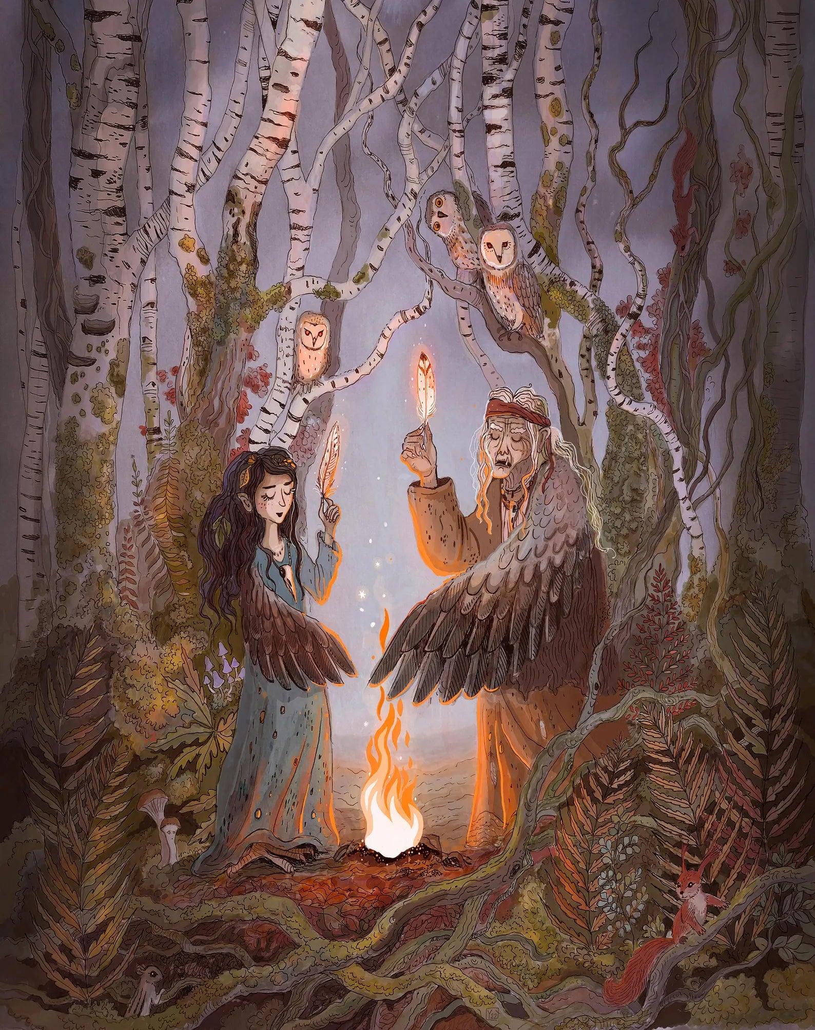 Detailed fantasy giclée art print featuring two winged women performing a ritual beside a glowing fire in a mystical birch forest, surrounded by owls, woodland animals, and folklore-inspired details in soft earthy colors. Vertical wall art for cozy home decor.