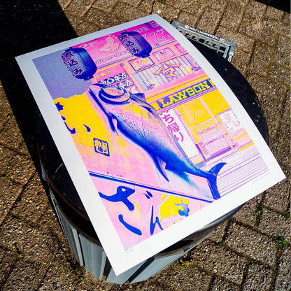 A3 risograph collage print of a surreal Tokyo street scene with fish and lanterns by PTRVRKD, handmade in bold pink, blue, and yellow tones.