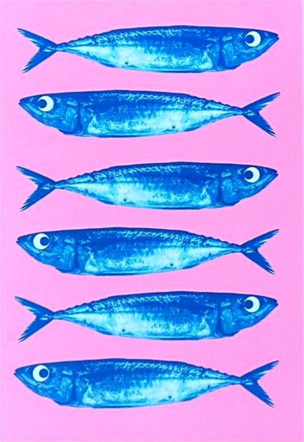 Bright pink and blue offset print of sardines by Dutch illustrator PTRVRKD – playful modern seafood illustration with seven blue fish on bold pink background, printed with eco-friendly soy inks on 250 gsm Biotop paper, handmade in the Netherlands – quirky small art print for kitchens or walls.