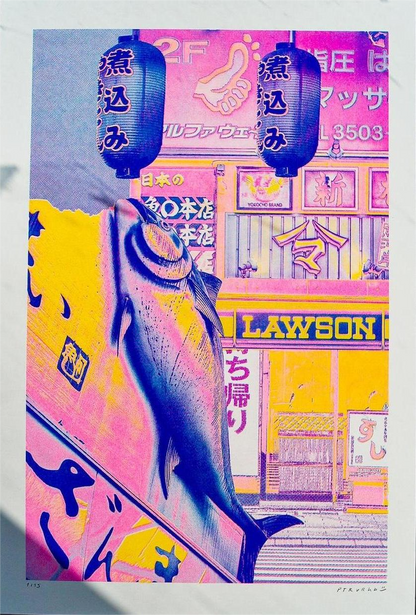 A3 risograph collage print of a surreal Tokyo street scene with fish and lanterns by PTRVRKD, handmade in bold pink, blue, and yellow tones.