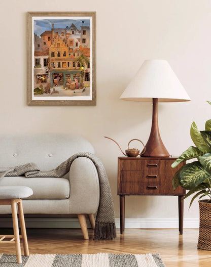 Whimsical fantasy illustration of a steampunk brewery in Antwerp with witches, dragons, and glowing lights by Lena Yampolski. Detailed giclée art print inspired by Flemish architecture, Belgian beer, and magical storytelling