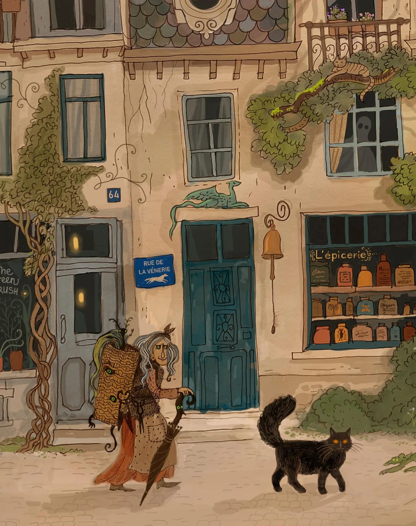 Whimsical forest and Brussels streetscape illustration by Lena Yampolski featuring historic townhouses, enchanted trees, birds, woodland creatures, and folklore-inspired details in soft green and earthy tones. Giclée wall art print for cozy home decor.