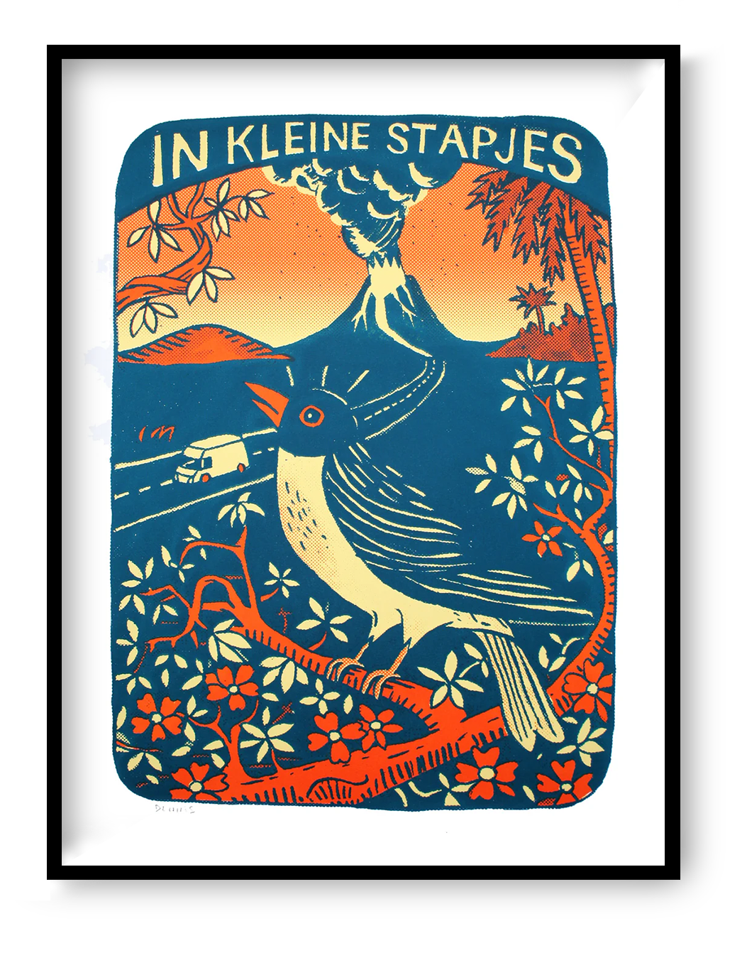In kleine stapjes limited edition 3-colour screen print by Dennis Dellaert showing a stylized bird perched on a flowering branch with a volcano and winding road in the background, vibrant blue and orange graphic illustration, 30 x 40 cm wall art