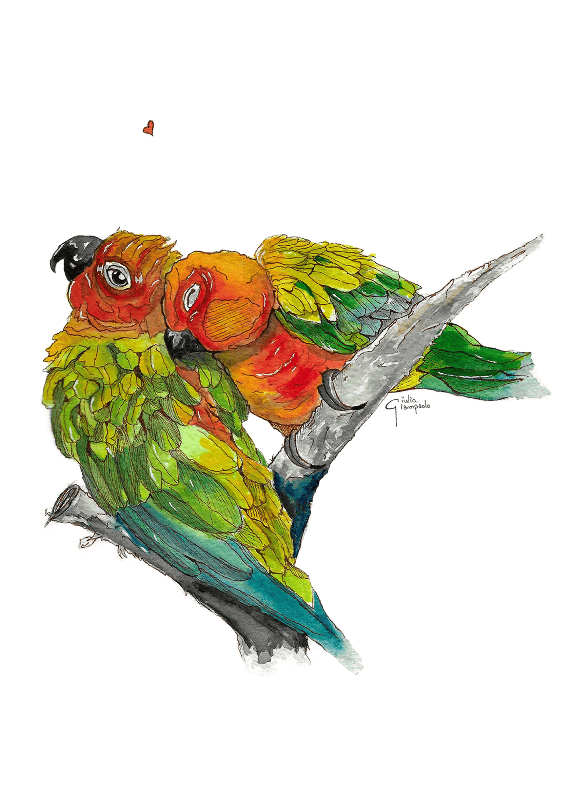 Watercolor illustration of two inseparable lovebirds resting closely on a branch, painted in warm greens, yellows, and reds, romantic bird art print by Giu for modern home decor