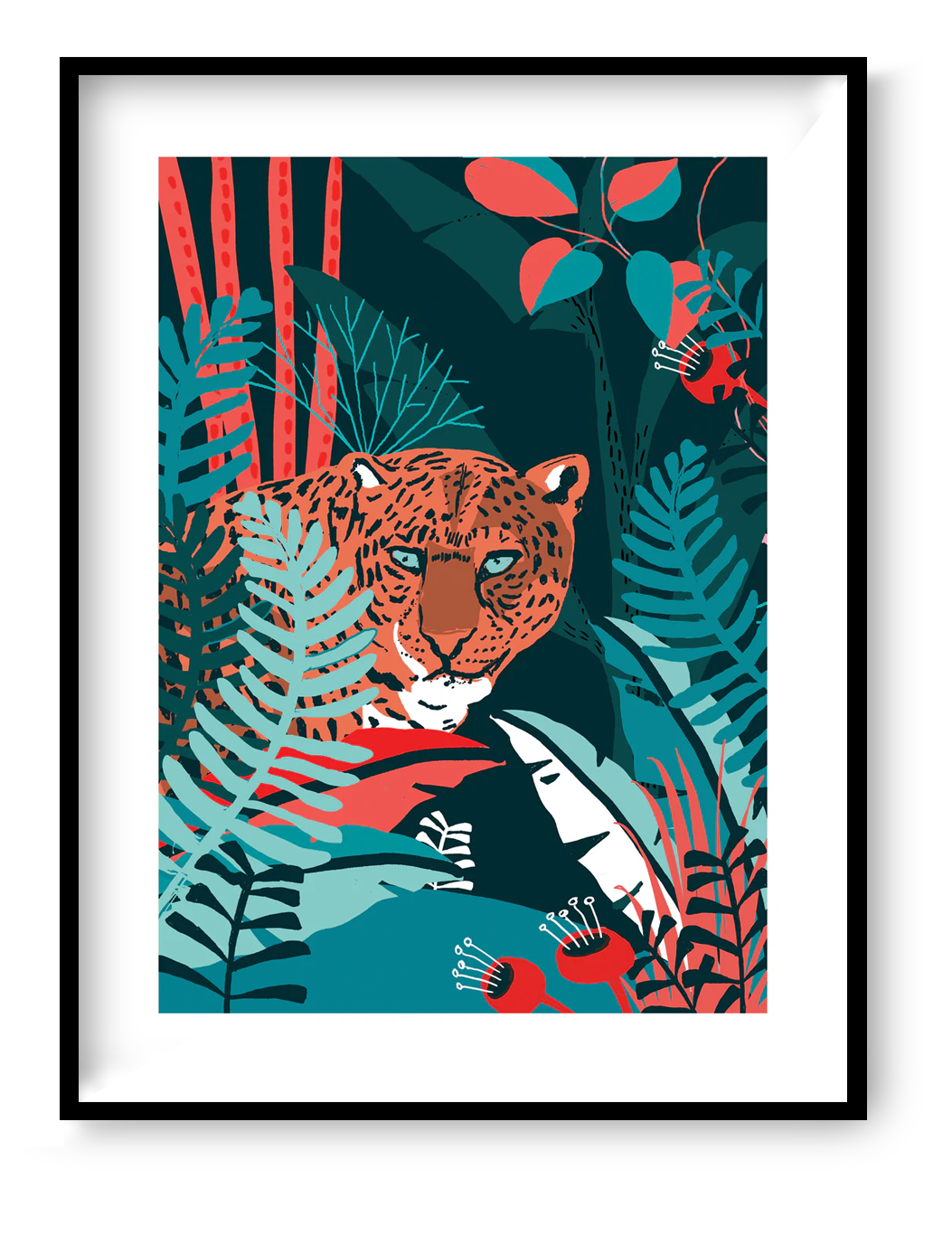 Bold graphic jaguar art print by Studio Frits featuring a leopard hidden in tropical jungle leaves, modern 30x40 cm wall art in deep green and coral tones