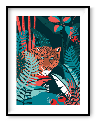 Bold graphic jaguar art print by Studio Frits featuring a leopard hidden in tropical jungle leaves, modern 30x40 cm wall art in deep green and coral tones