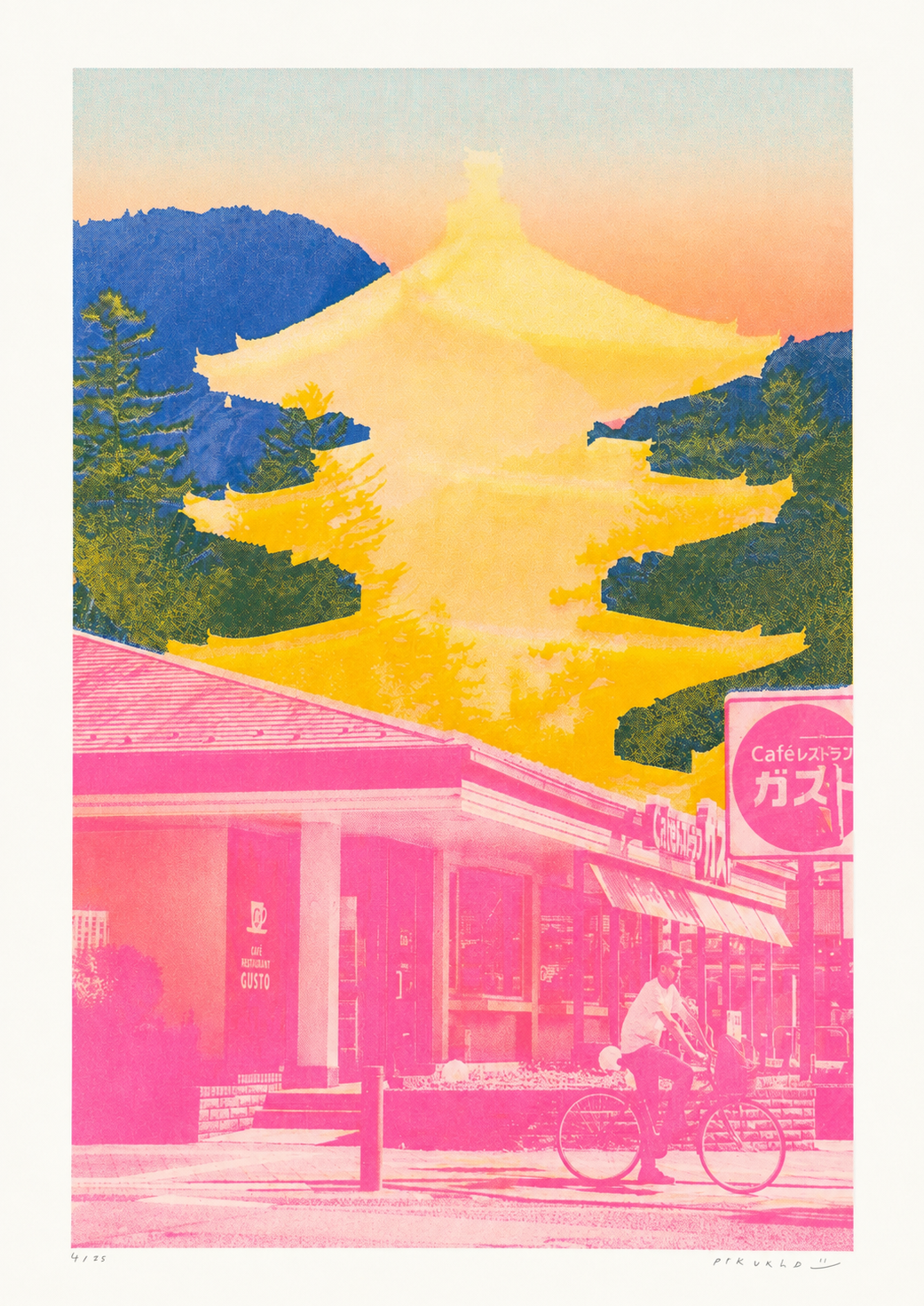 Bold Japan-inspired art print with pink urban street scene, cyclist, yellow Fuji pagoda silhouette and deep blue mountain background – Fuji Landscape Collage 2 by Dutch artist PTRVRKD, A3 risograph print, limited edition.