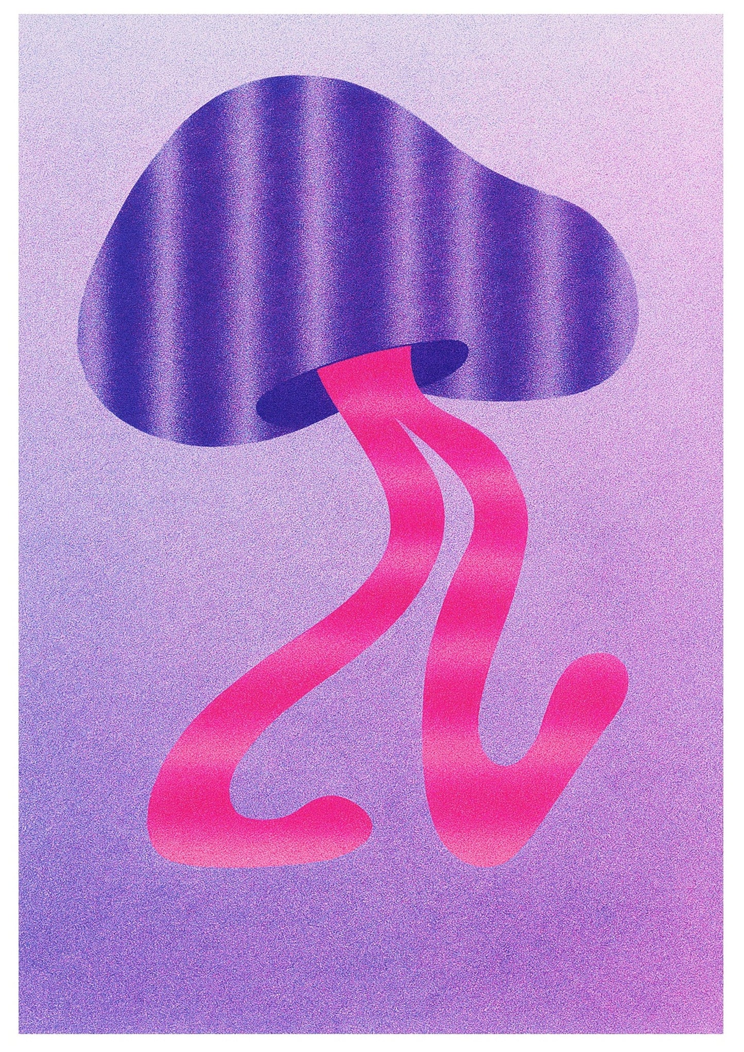 Purple and pink funky mushroom risograph print by Dutch illustrator PTRVRKD – playful minimalist botanical design with wavy purple mushroom cap, flowing pink stems, and soft lilac background, printed with eco-friendly soy inks on 250 gsm Biotop paper, handmade in the Netherlands – quirky small art print for modern spaces.