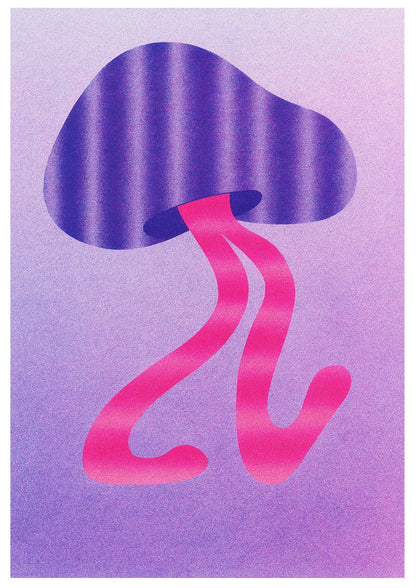 Purple and pink funky mushroom risograph print by Dutch illustrator PTRVRKD – playful minimalist botanical design with wavy purple mushroom cap, flowing pink stems, and soft lilac background, printed with eco-friendly soy inks on 250 gsm Biotop paper, handmade in the Netherlands – quirky small art print for modern spaces.