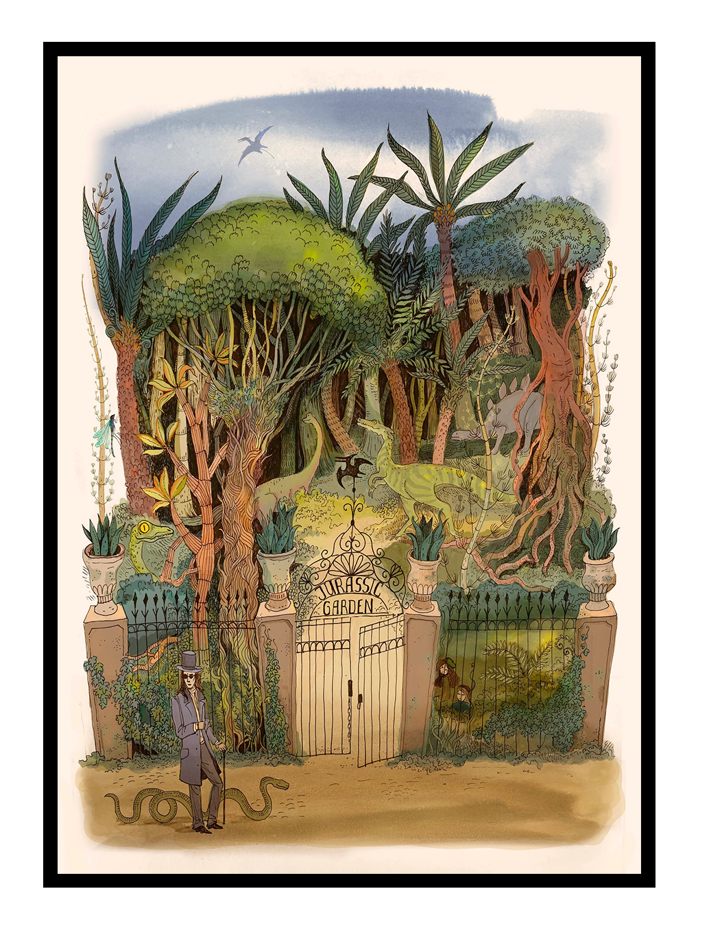 Detailed fantasy jungle illustration featuring dinosaurs hidden among lush trees and tropical plants behind an ornate Jurassic Garden gate, created in a whimsical storybook style with soft green and earthy tones. Vertical giclée wall art for nature-inspired home decor.