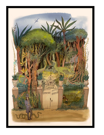 Detailed fantasy jungle illustration featuring dinosaurs hidden among lush trees and tropical plants behind an ornate Jurassic Garden gate, created in a whimsical storybook style with soft green and earthy tones. Vertical giclée wall art for nature-inspired home decor.