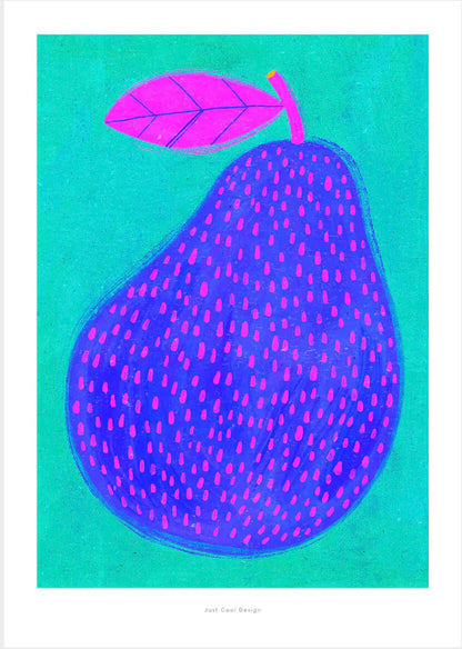 Vibrant giclée art print of a stylized blue-purple pear with pink dots and a bright magenta leaf, set against a turquoise background; bold, modern fruit illustration by Just Cool Design.