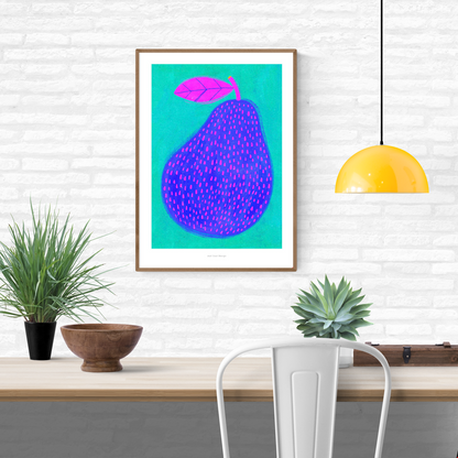 Vibrant giclée art print of a stylized blue-purple pear with pink dots and a bright magenta leaf, set against a turquoise background; bold, modern fruit illustration by Just Cool Design.
