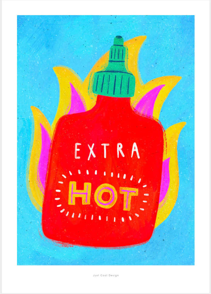 Colorful vertical illustration featuring a bright red hot sauce bottle surrounded by stylized yellow and pink flames on a blue background. Playful contemporary giclée art print with bold colors, ideal for kitchen wall art and modern home decor.
