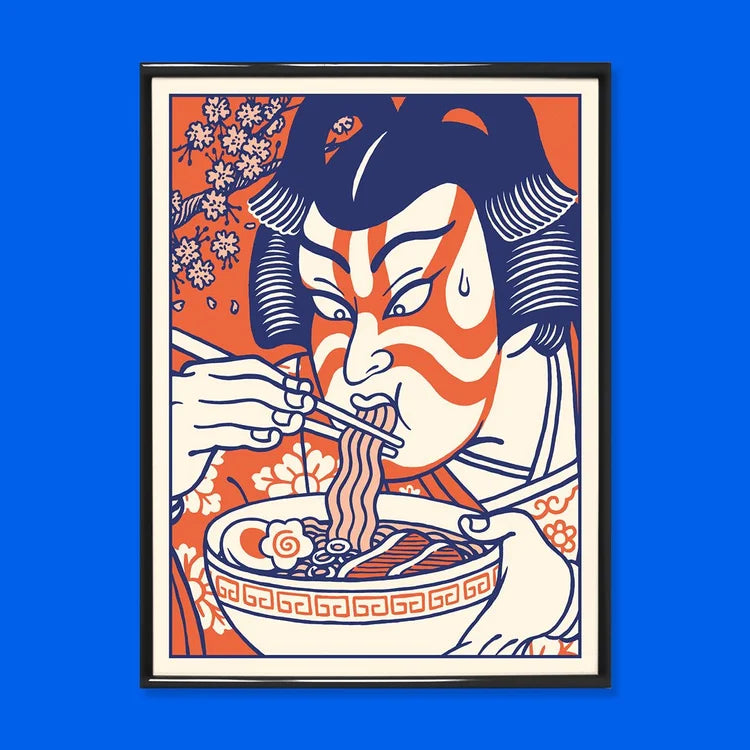 Illustrated art print of a Kabuki actor eating ramen in ukiyo-e style by Yeaaah! Studio – Japanese food illustration in bold colors, 30 x 40 cm art print made in France