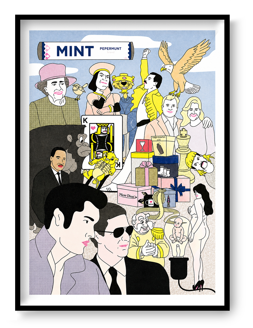 Colorful risograph art print featuring a surreal collage of pop culture icons and absurd characters, titled “Kings” by Studio Stoutpoep – A2 print made in Belgium.