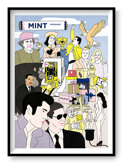 Colorful risograph art print featuring a surreal collage of pop culture icons and absurd characters, titled “Kings” by Studio Stoutpoep – A2 print made in Belgium.