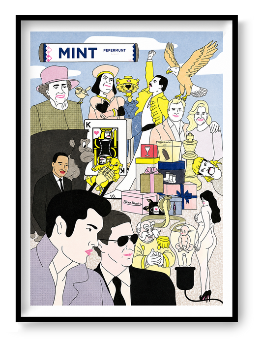 Colorful risograph art print featuring a surreal collage of pop culture icons and absurd characters, titled “Kings” by Studio Stoutpoep – A2 print made in Belgium.