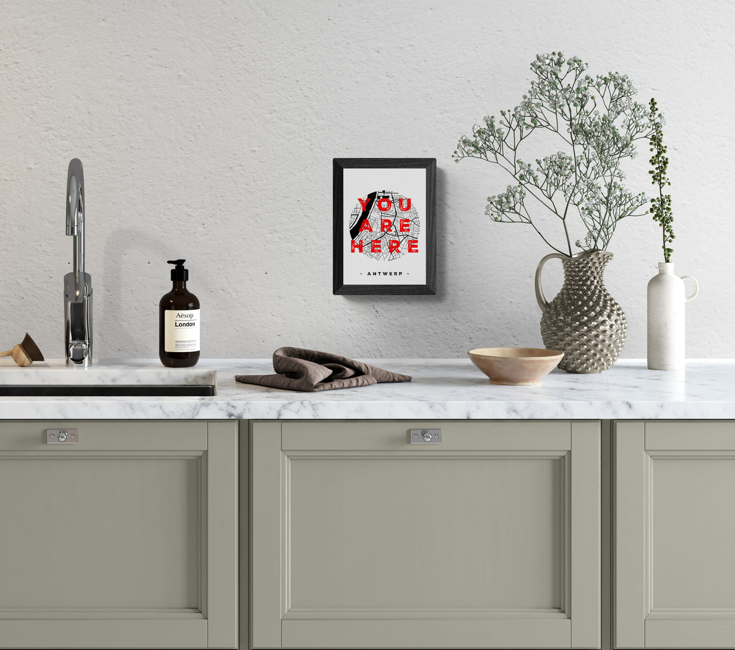 A6 hand-printed screen print titled “You Are Here” by De Zeverij, featuring a red and blue graphic map of Antwerp with bold typography, contemporary Belgian illustration art.