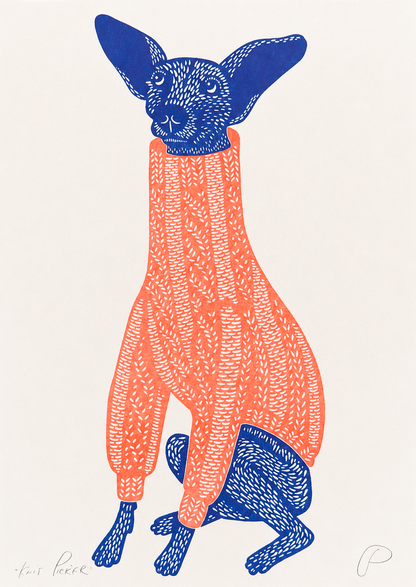 Playful portrait risograph of a small blue dog with oversized ears wearing a coral knitted jumper, printed vertically in bold blue and orange tones, ideal as quirky animal wall art.