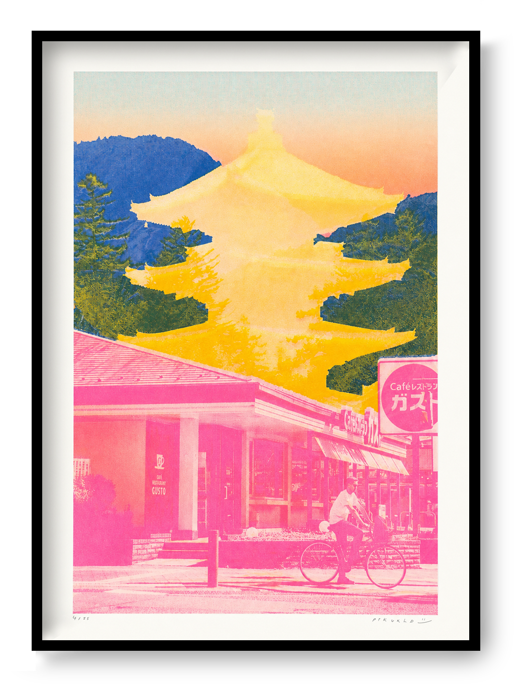 Bold Japan-inspired art print with pink urban street scene, cyclist, yellow Fuji pagoda silhouette and deep blue mountain background – Fuji Landscape Collage 2 by Dutch artist PTRVRKD, A3 risograph print, limited edition.