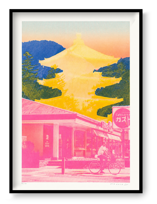 Bold Japan-inspired art print with pink urban street scene, cyclist, yellow Fuji pagoda silhouette and deep blue mountain background – Fuji Landscape Collage 2 by Dutch artist PTRVRKD, A3 risograph print, limited edition.