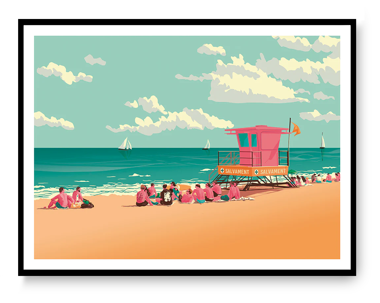 Vibrant coastal illustration by Studio Frits titled 'Barcelona La Barceloneta,' depicting a sunny beach scene with groups of people relaxing on the sand near a bright pink lifeguard tower labeled 'Salvament.' Sailboats glide across the turquoise sea under a sky filled with soft clouds, capturing the lively charm of Barcelona’s iconic seaside—perfect for summer lovers, travelers, and fans of bold, modern art.