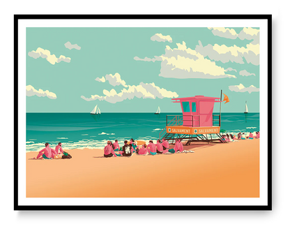Vibrant coastal illustration by Studio Frits titled 'Barcelona La Barceloneta,' depicting a sunny beach scene with groups of people relaxing on the sand near a bright pink lifeguard tower labeled 'Salvament.' Sailboats glide across the turquoise sea under a sky filled with soft clouds, capturing the lively charm of Barcelona’s iconic seaside—perfect for summer lovers, travelers, and fans of bold, modern art.
