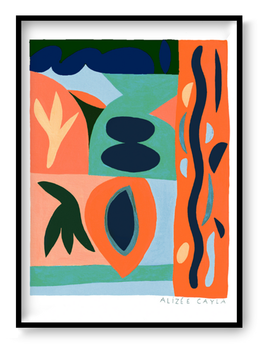 Le Manguier by Alizée Cayla, colourful abstract risograph art print featuring organic shapes in coral, navy blue, mint green, and peach tones, modern A3 wall art for contemporary interiors