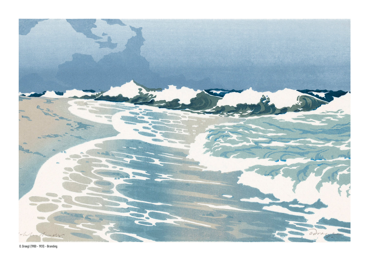 Horizontal coastal art print showing rolling ocean waves, white sea foam and a pale blue sky in a vintage colour woodcut style, ideal for calm living room, bedroom or coastal wall decor.