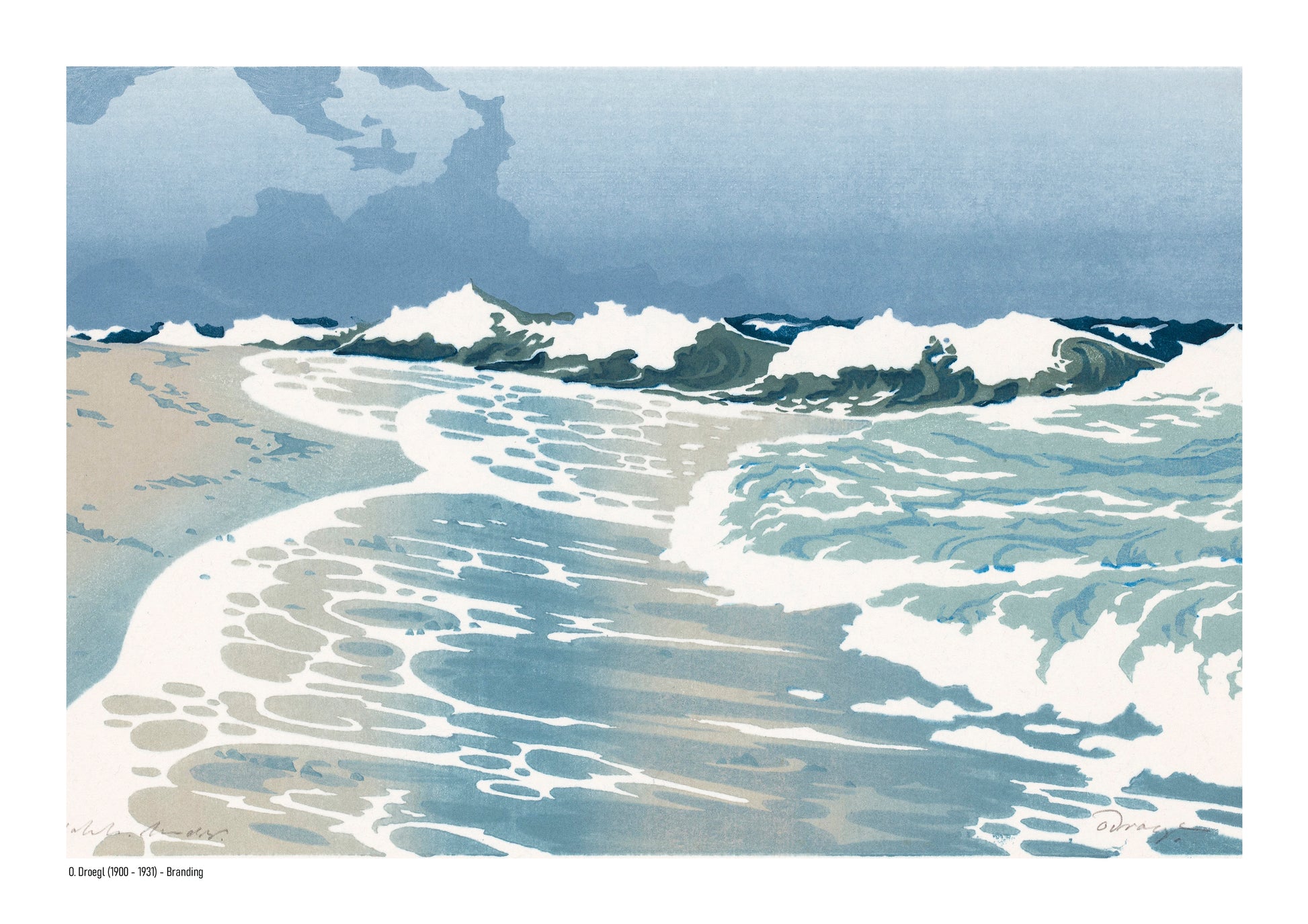 Horizontal coastal art print showing rolling ocean waves, white sea foam and a pale blue sky in a vintage colour woodcut style, ideal for calm living room, bedroom or coastal wall decor.