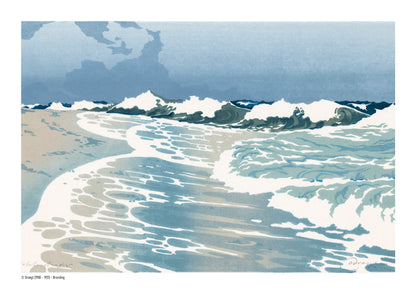 Horizontal coastal art print showing rolling ocean waves, white sea foam and a pale blue sky in a vintage colour woodcut style, ideal for calm living room, bedroom or coastal wall decor.