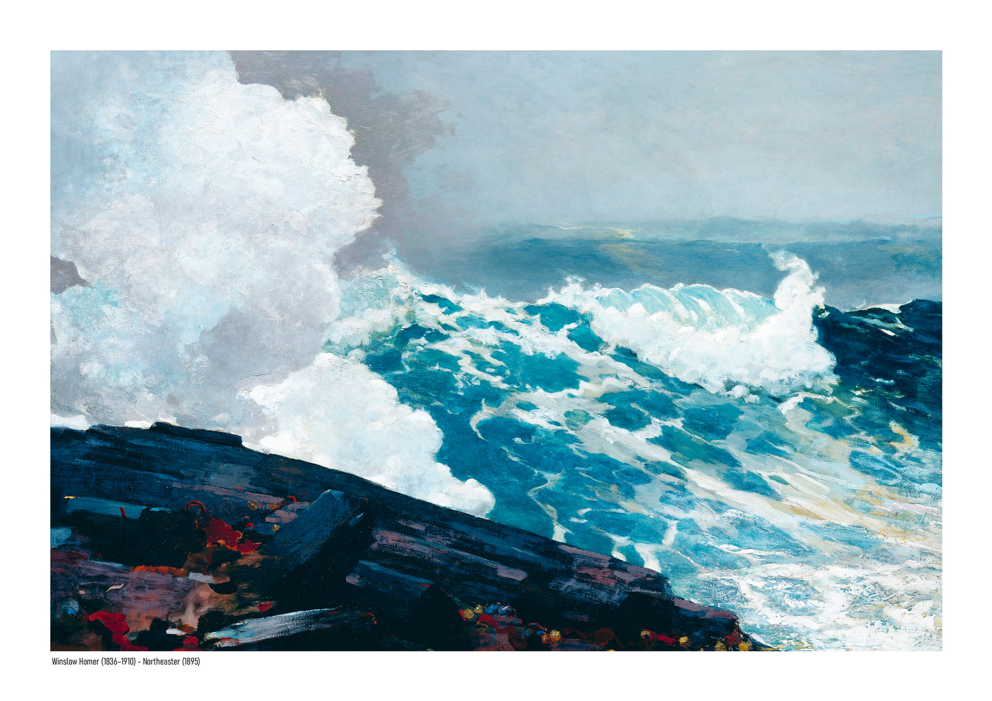 Northeaster by Winslow Homer, horizontal digital art print showing powerful turquoise ocean waves crashing against dark rocks, with white sea foam and a misty blue sky, ideal as coastal wall art.