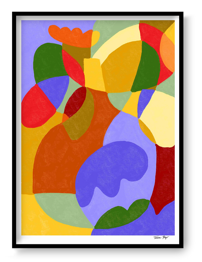 Abstract art print titled Lavender Autumn by Portuguese illustrator Teresa Rego, featuring bold, colorful organic shapes in red, lavender, yellow, and green – A3 print on 300g Munken paper.