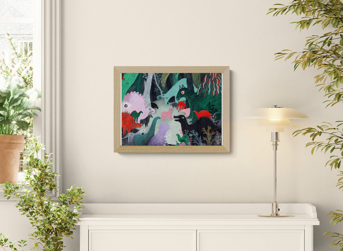 Whimsical dinosaur illustration art print by Louise de Meester showing colorful prehistoric animals in a dense jungle landscape with textured painterly style.