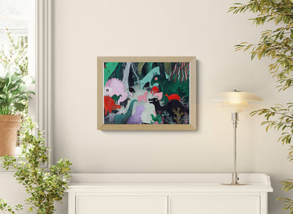 Whimsical dinosaur illustration art print by Louise de Meester showing colorful prehistoric animals in a dense jungle landscape with textured painterly style.