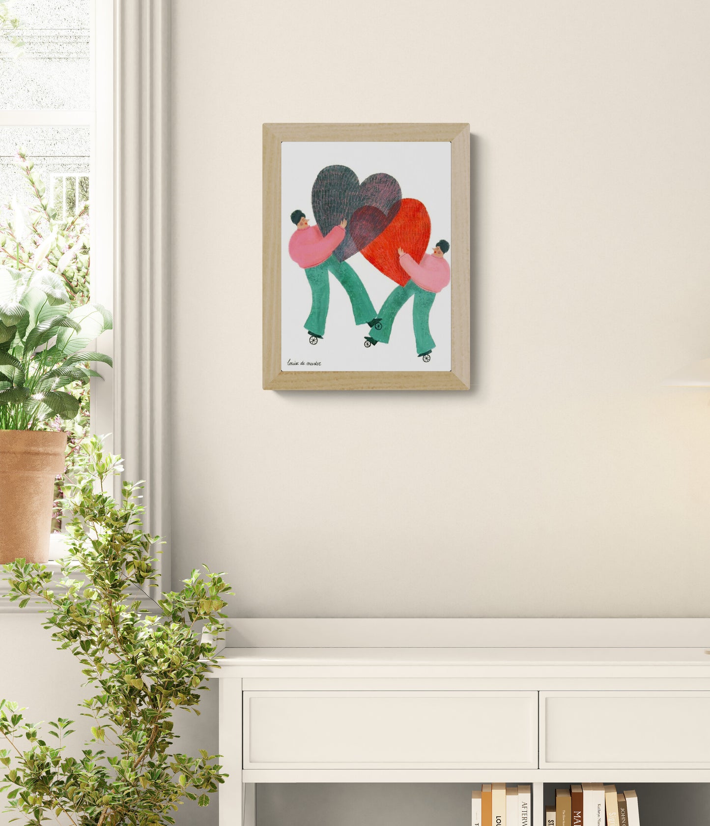 Contemporary illustration art print by Louise de Meester featuring expressive characters and bold heart shapes in a playful modern style.