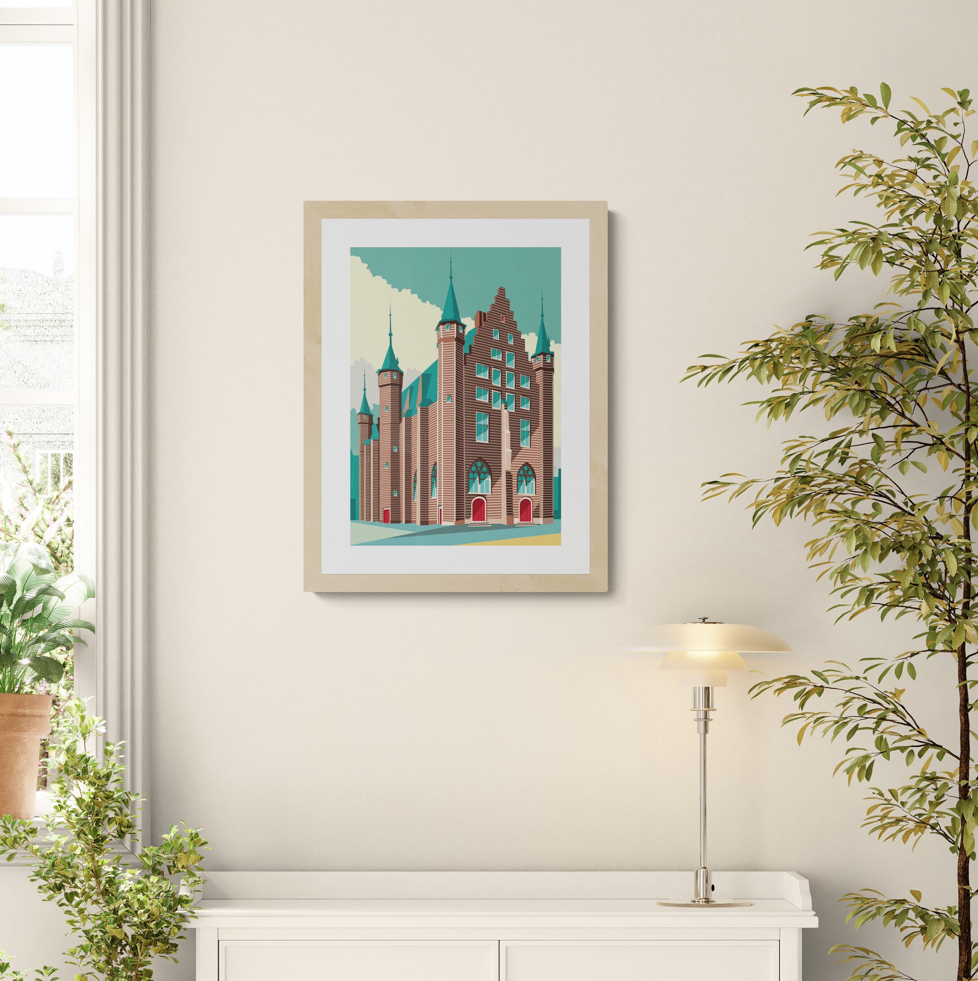 Vleeshuis Antwerp architectural illustration art print showing the historic medieval building with towers and red doors in a modern graphic style, 30x40 cm wall art